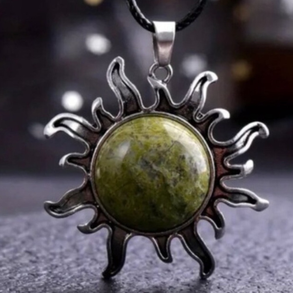 113 🖤 Unakite Sunburst Natural Gemstone Crystal Sun Pendant Necklace Jewelry